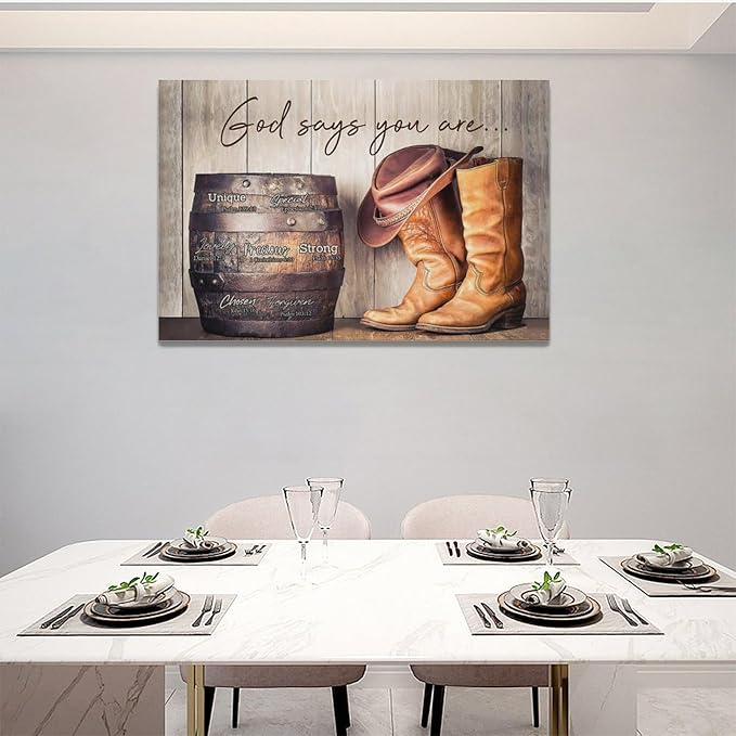 God says you are decor wall art western cowboy canvas Pictures cowboy boots Wall Decor Christian Canvas Prints Painting Framed Artwork for Bathroom living room Bedroom 24"x16"