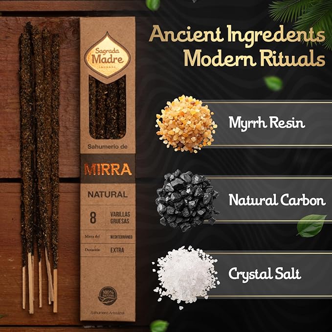 8 Natural Myrrh Incense Sticks, (9" Each) - Handmade with Myrrh Resin Organic, Natural Carbon & Salt for Purification, Healing & Space Cleansing Aromatherapy - 1 Hour Burn Time