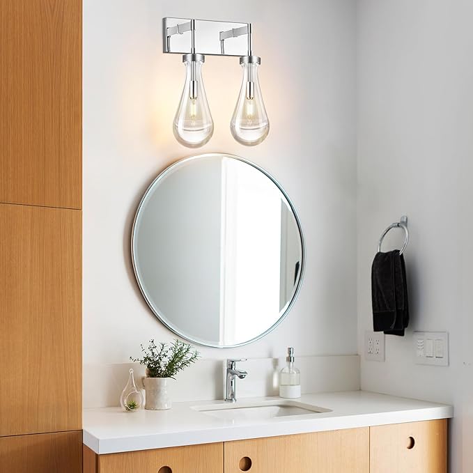 Raindrop Wall Sconces Chrome Crystal Sconces Wall Decor Modern Brass Lighting Glass Bathroom Sconces Indoor Vanity Light Wall Lamp for Bedroom Living Room Stair(2-Light)