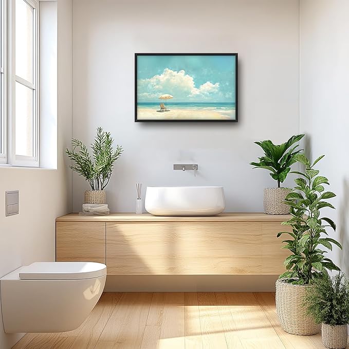 SweetFox Extra Large Coastal Beach Framed Wall Art for Living Room, Ocean Landscape Pictures Oversized Wall Decor Abstract Big Canvas Painting Print Artworks for Bathroom Master Bedroom 36L X 24W