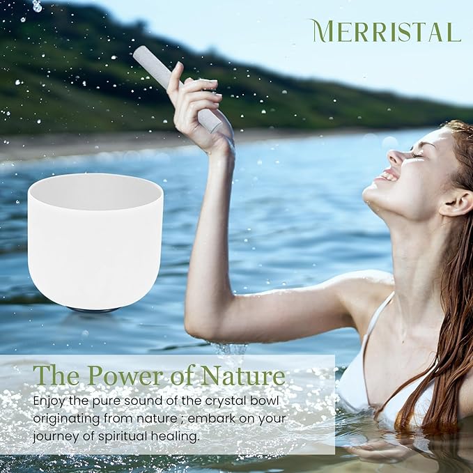 432HZ 8 Inchs B Note White Frosted Crystal Singing Bowl for Meditation Healing Yoga Chakra Quartz Crystal Sound Bowls with Heavy Duty Carry Case and Rubber Mallet,Suede Striker,O-rings