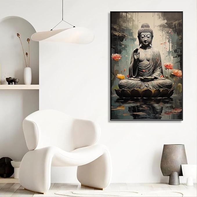 Buddha Wall Art, Buddha with Lotus Flower Canvas Wall Art, Zen Canvas Painting, Spiritual Picture Print Decor, Meditation Print Decor, Yoga Room, Living Room Hangings (Gold Framed, 20"x30"| 51x76cm)
