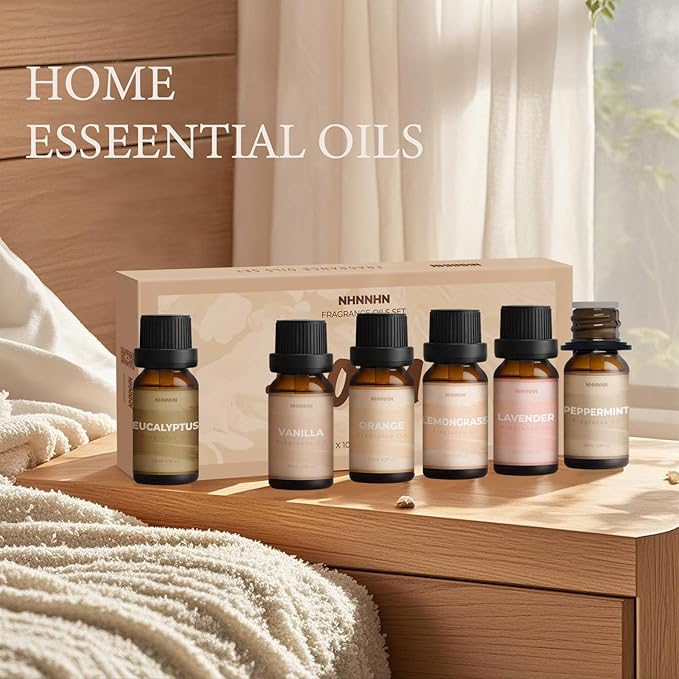 Essential Oils for Diffuser and Home, Top 6 Aromatherapy Oils Gift Set, Pure Aromatherapy Diffuser Oil with Eucalyptus, Peppermint, Lavender, Vanilla, Orange, Lemongrass