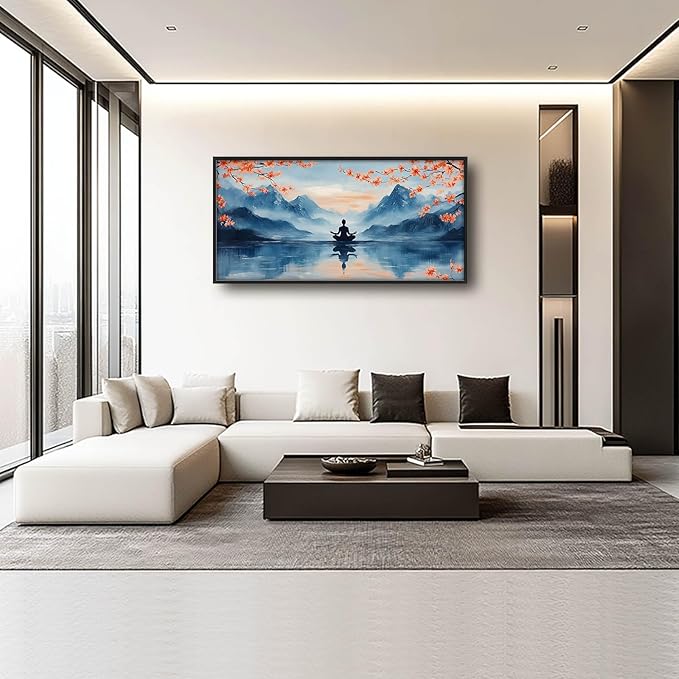 Zen Large Wall Art Buddha Lake Pictures Wall Decor Cherry Blossom Canvas Landscape Meditation Print Painting Modern Artwork Home Decoration for Yoga Spa Living Room Bathroom Bedroom Office Framed 60"x30"