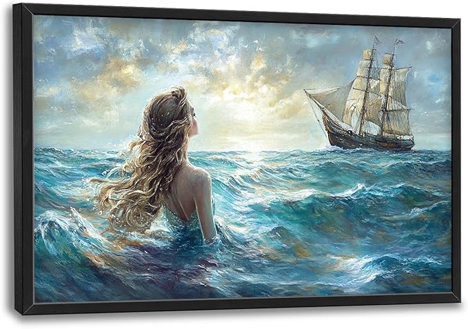 Mermaid Large Wall Art Ocean Mermaid Boat Pictures Wall Decor Nautical Canvas Seascape Print Painting Modern Artwork Home Decoration for Living Room Bathroom Bedroom Office Framed 36"x24"