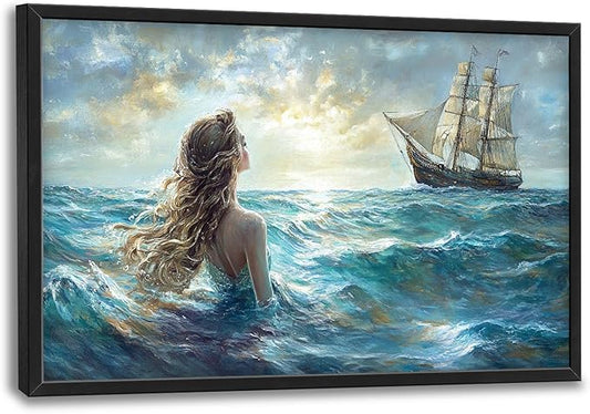 Mermaid Large Wall Art Ocean Mermaid Boat Pictures Wall Decor Nautical Canvas Seascape Print Painting Modern Artwork Home Decoration for Living Room Bathroom Bedroom Office Framed 36"x24"