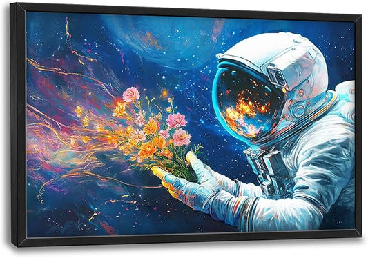 Astronaut Large Wall Art Galaxy Outer Space Pictures Wall Decor Flowers Above Over Bed Canvas Prints Painting Framed Artwork Decoration for Boys Bedroom Living Room 36"x24"