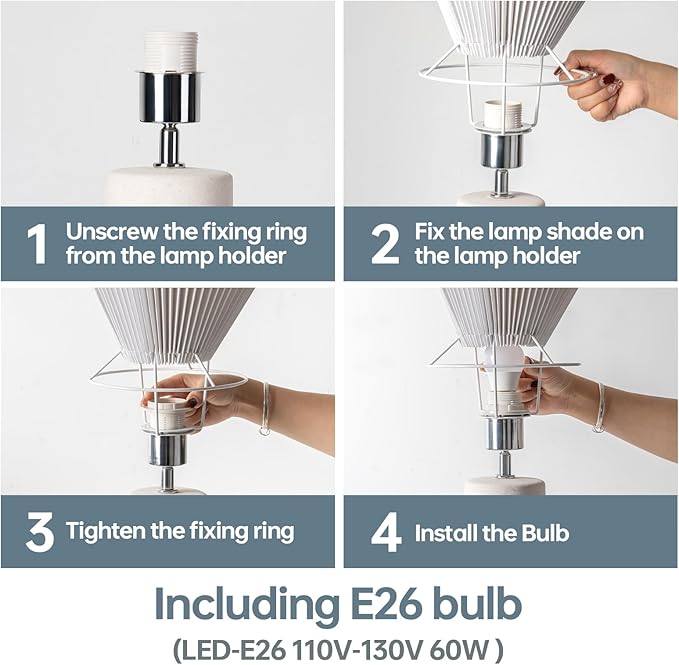 Elegant 45° Rotatable Ceramic Table Lamp (A15 Bulb Included), Pleated Flexible Light, Angle Control for Home, Office, Bedroom Decor - Modern Stylish Desk Lamp, White