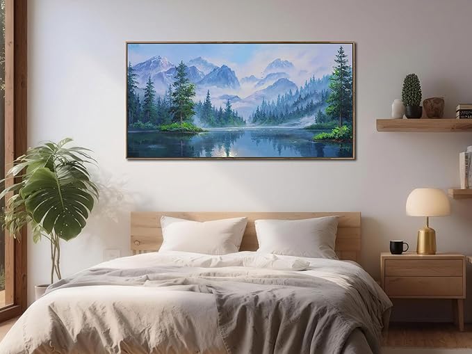 Ardemy Landscape Wall Art Canvas for Living Room Mountain Lake Nature Bedroom Painting Textured Misty Forest Scenery Picture Green Blue Artwork Home Office Decor, Wood Framed Large 40"x20"
