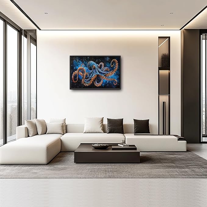 Octopus Wall Art Blue Space Octopus Pictures Wall Decor Galaxy Canvas Prints Framed Artwork Paintings Coastal Home Office Decorations for Living Room Bedroom Dinning Room 36"x24"