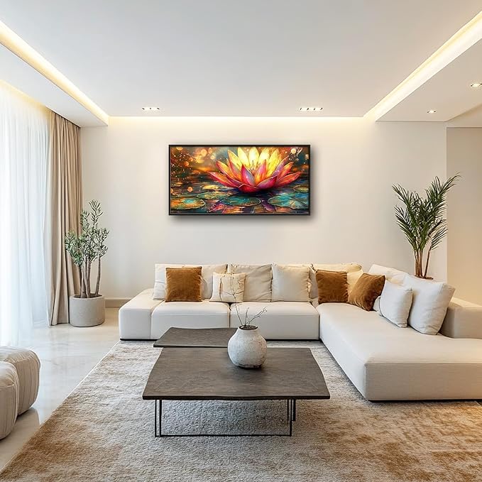 Framed Large Lotus Wall Art for Living Room, Oversized Zen Lotus Flower Wall Decor Golden Floral Canvas Painting Modern Artwork Home Decoration for Living Room Bedroom Office 60"x30"