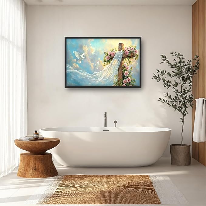 Cross Jesus Wall Art Large Christian Religious Pictures Wall Decor Rose Dove Big Canvas Painting Prints Framed Artwork Home Church Decorations Above Bed for Prayer Bedroom Living Room Dining Room 36"x24"
