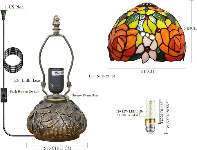 Small Tiffany Lamp Stained Glass Table Lamp Mini Accent Lamp Handmade Mushroom Desk Memory Lamp Sympathy Bedside Night Light 8X11.5 Inch (Red Yellow Rose Style)
