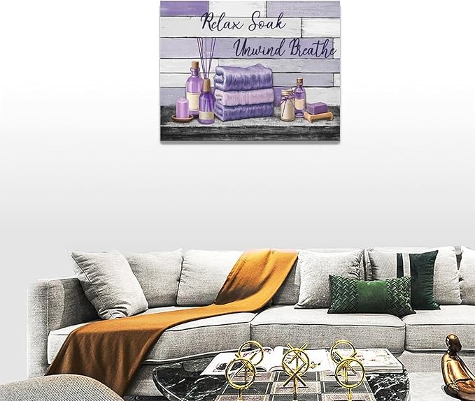 Farmhouse Bathroom Wall Art Relax Soak Unwind Breathe Wall Decor Rustic Bathroom Pictures Canvas Painting Framed Artwork Purple Country Home Decorations for Toilet Lavatory 16"x12"