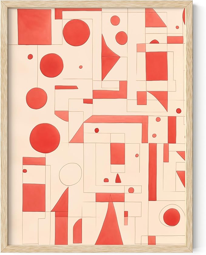 HAUS AND HUES Colorful Abstract Wall Art - Minimalist Retro Picture for Living Room Decor, Red and Pink Modern Wall Art Painting (Red Geometric, Beige Frame, 12x16)