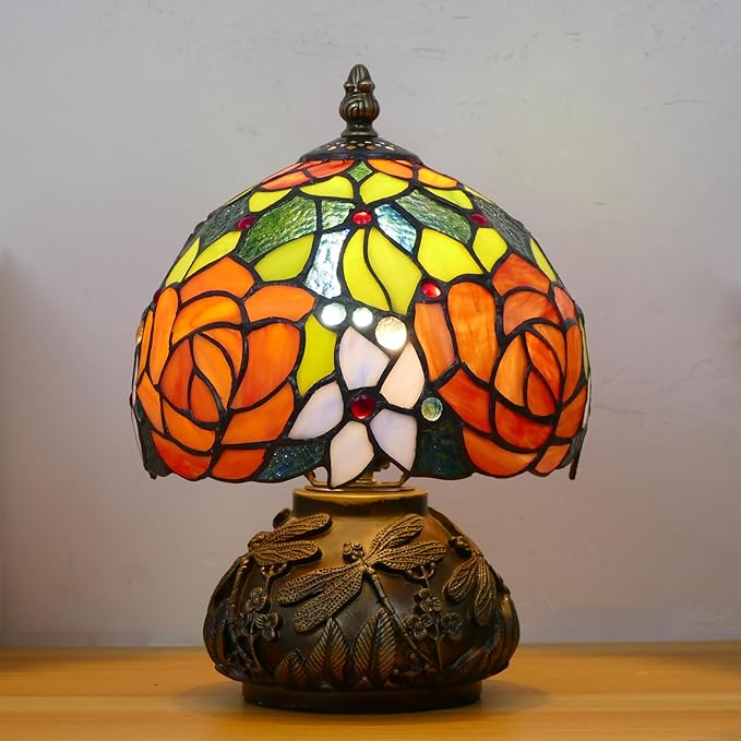 Small Tiffany Lamp Stained Glass Table Lamp Mini Accent Lamp Handmade Mushroom Desk Memory Lamp Sympathy Bedside Night Light 8X11.5 Inch (Red Yellow Rose Style)