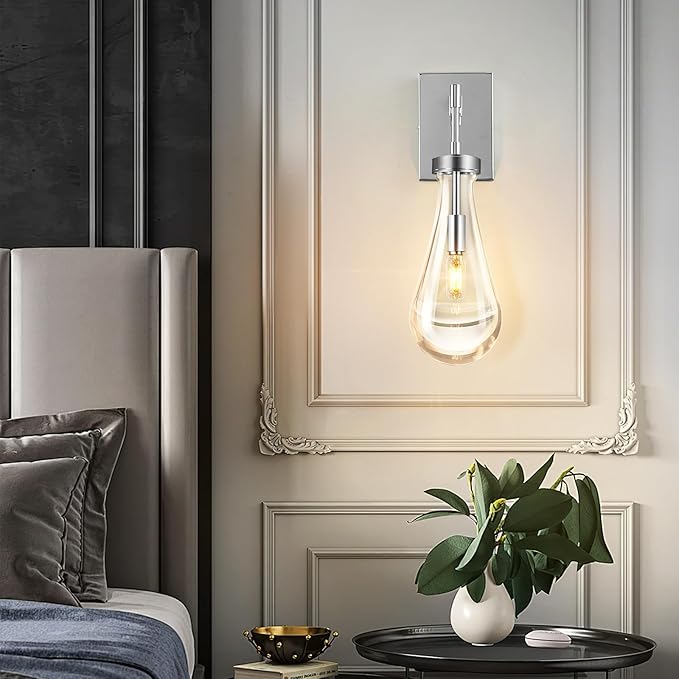 Raindrop Wall Sconces Chrome Sconces Wall Decor Modern Brass Wall Lighting Glass Bathroom Sconces Indoor Vanity Light Wall Lamp for Bedroom Living Room Stair (1 Pack)