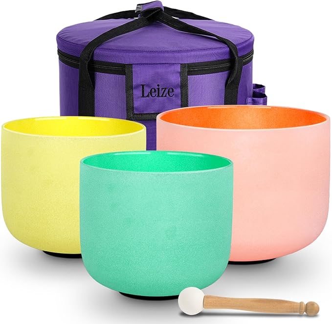 Leize Chakra Tuned 432hz Set of 7 Color Quartz Crystal Singing Bowls 6-12 inch with Heavy Duty Carrying Cases and Singing Bowl Mallets