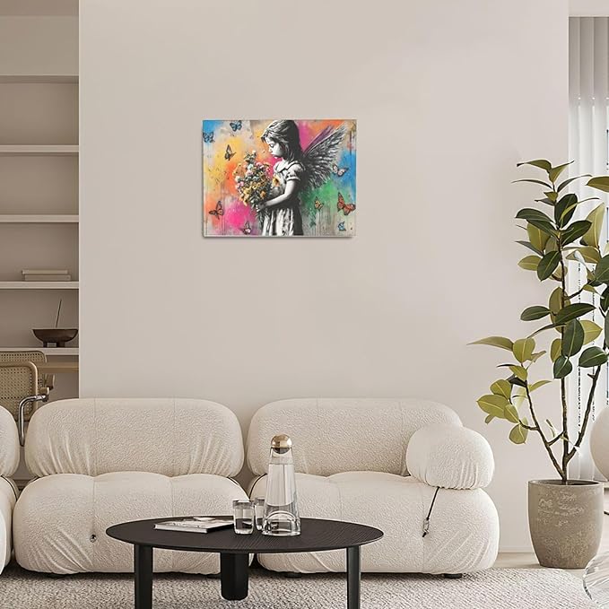 Banksy Wall Art Butterfly Girl Pictures Street Pop Art Graffiti Canvas Wall Decor Vintage Kids Aesthetic Painting Artwork Decorations Framed for Living Room Bedroom Bathroom Kid Room Office 12"x16"