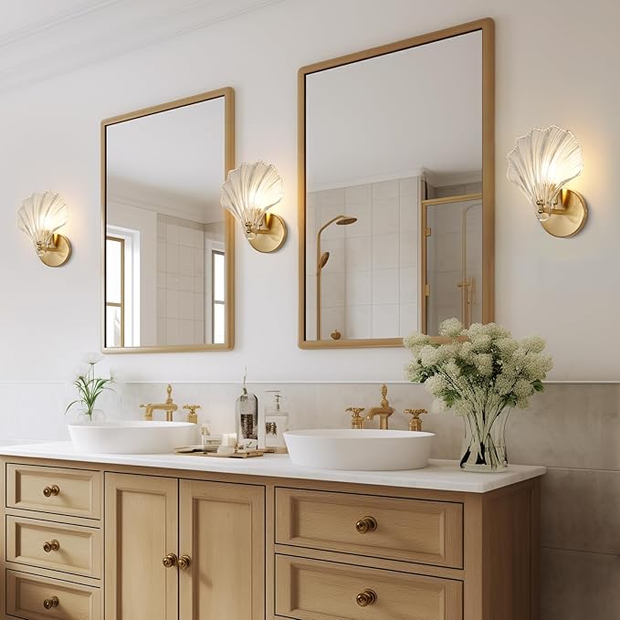 Gold Wall Sconces for Bathroom, Vanity Light Fixtures, Modern Sconces Wall Lights with Clear Shell Shaped Glass Shades, Bathroom Light Fixtures for Living Room, Bedroom, Hallway, mirror, Kitchen, E12