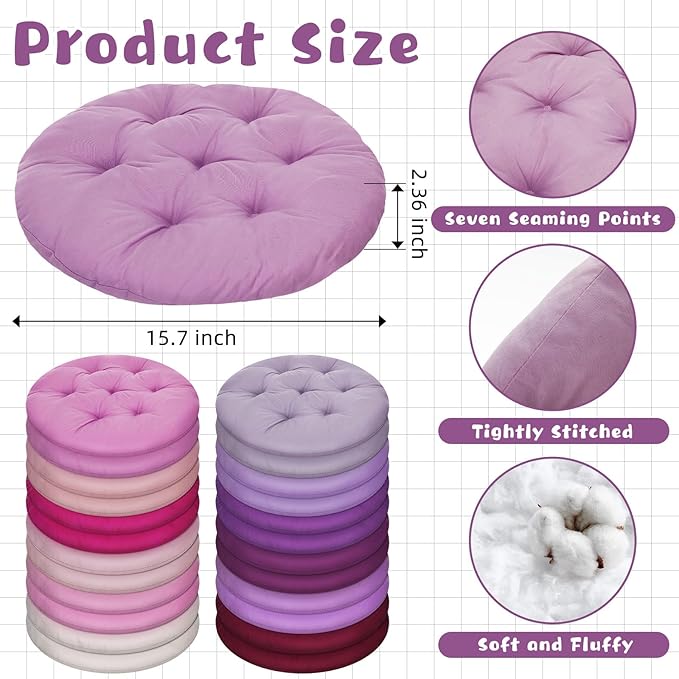 24 Pcs Round Floor Cushions Floor Pillows Meditation Seat Pillows Flexible Seating for Adults Kids, Chair Cushions for Classroom, Nursery, Living Room, Yoga(Medium 15.7 Inch,Pink-Purple)