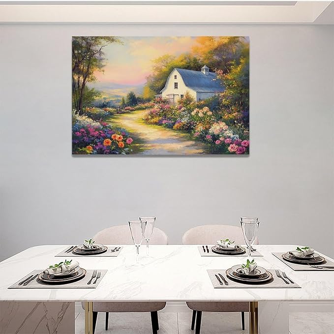 Olivine Garden Wall Art, Barn Pictures Wall Decor, Sunset Painting Vintage Village Garden Canvas Print, Framed Artwork for Living Room Bedroom Bathroom Office Home Decoration 24"x16"