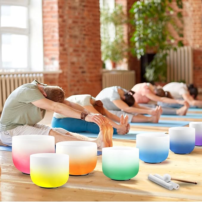 Ryan Dvan 432Hz 7"-12" Set of 7 Crystal Singing Bowl Set – Gradient Color Quartz Bowls for Chakra Healing, Meditation, Sound Bath & Yoga.Sound Therapy Tools with Suede Mallets & O-Rings.