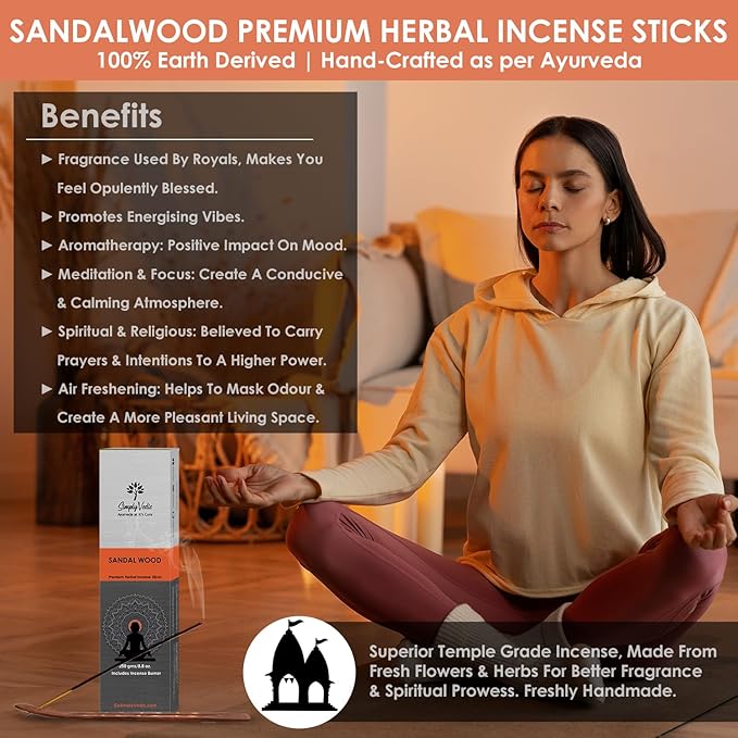 Sandalwood Incense Sticks 250g (Approx. 135 Handmade Sticks) with Free Holder | 45 Min Burn | Natural Charcoal-Free Agarbatti for Meditation, Yoga, Aromatherapy, Relaxation