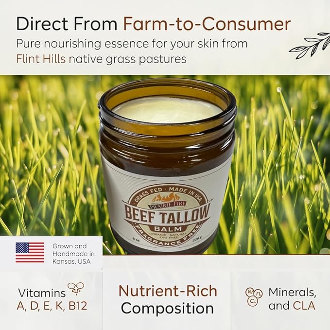 Beef Tallow Balm - 8 oz - Organic Grass Fed - Body Butter - Moisturizing Skin Care Fragrance Free - 8 oz