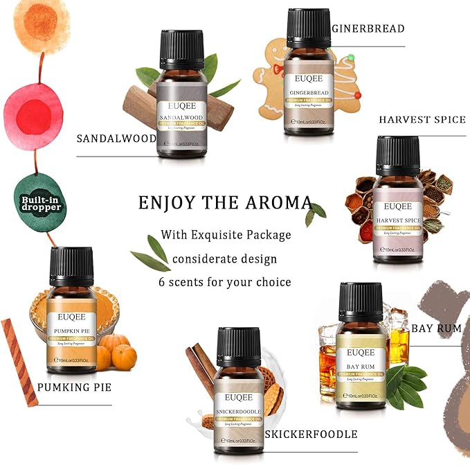6PCS Spice Autumn Fragrance Oil Set, Scented Oils for Candle Making, Diffusers Aromatherapy Halloween Fragrance Oils for Diffuser & DIY Candles-Sandalwood, Harvest Spice, Bay Rum, Snickerdoodle