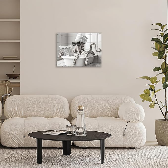 Olivine Octopus Wall Art, Funny Animal Pictures Wall Decor, Black And White Painting, Octopus Bathtub Canvas Prints, Framed Artwork for Bathroom Bedroom Living Room Office Home Decoration 16"x12"