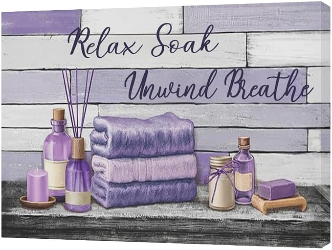 Farmhouse Bathroom Wall Art Relax Soak Unwind Breathe Wall Decor Rustic Bathroom Pictures Canvas Painting Framed Artwork Purple Country Home Decorations for Toilet Lavatory 16"x12"