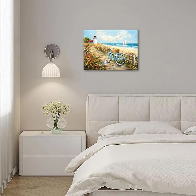 Olivine Coastal Wall Art, Beach Bicycle Pictures Wall Decor, Lighthouse Painting, Ocean Seascape Canvas Prints, Framed Artwork for Living Room Bedroom Bathroom Kitchen Office Home Decoration 16"x12"