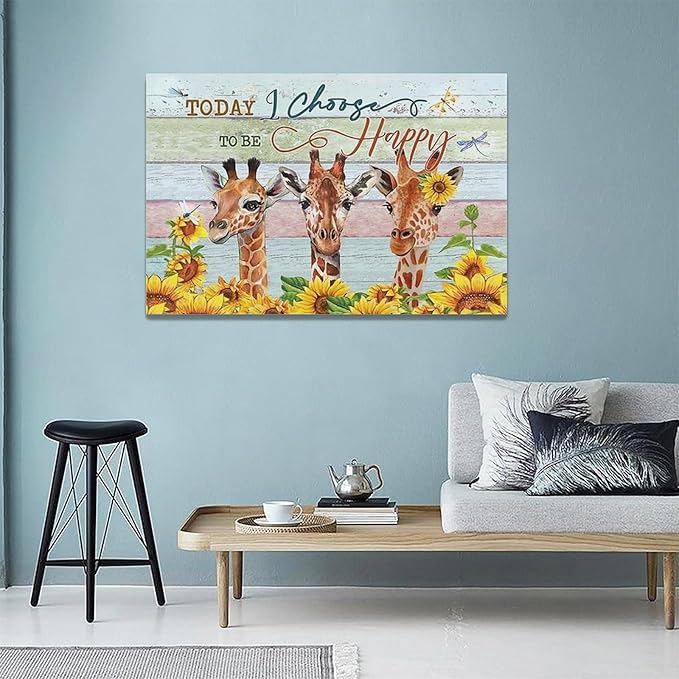 Giraffe Bathroom Decor Wall Art Sunflower Wall Decor Giraffe Canvas I Choose Happy Prints Painting Framed Artwork for Bathroom living room Bedroom 24"x16"