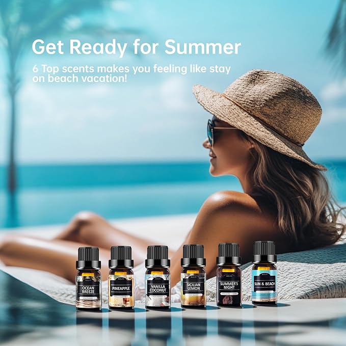Summer Essential Oils Set | Top 6 Tropical Blends for Diffusers, Candle Scents, Aromatherapy Fragrance Oil - Coconut, Pineapple, Beach, Breeze, Lemon, Summer Night | Gift Set for Women, Home, Spa