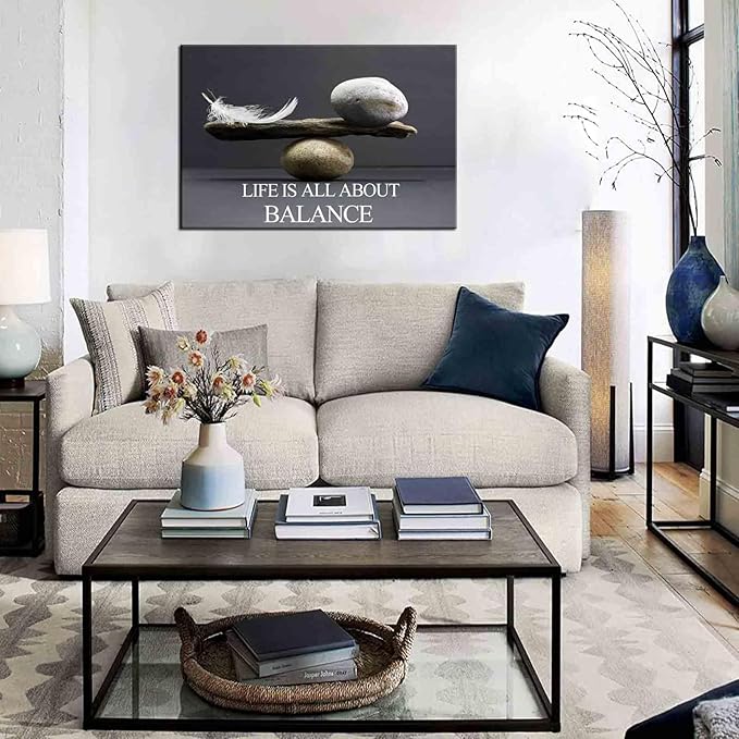 Biuteawal Motivational Wall Art Zen Canvas Print Black White Balance Stones with Feather Picture Painting Inspirational Quote Artwork Framed Home Office Classroom Bedroom Decor Ready to Hang