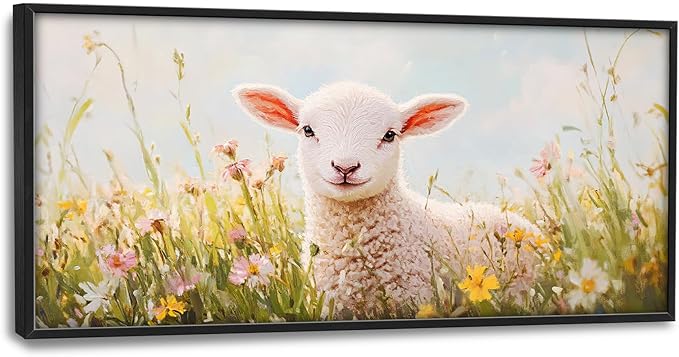Kylora Lamb Wall Art Sheep Pictures Wall Decor Flower Field Large Master Over Above Bed Canvas Christian Prints Horizontal Modern Artwork Painting Home Office Decorations For Kitchen Bedroom 30"x60"
