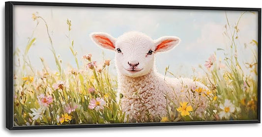 Kylora Lamb Wall Art Sheep Pictures Wall Decor Flower Field Large Master Over Above Bed Canvas Christian Prints Horizontal Modern Artwork Painting Home Office Decorations For Kitchen Bedroom 30"x60"