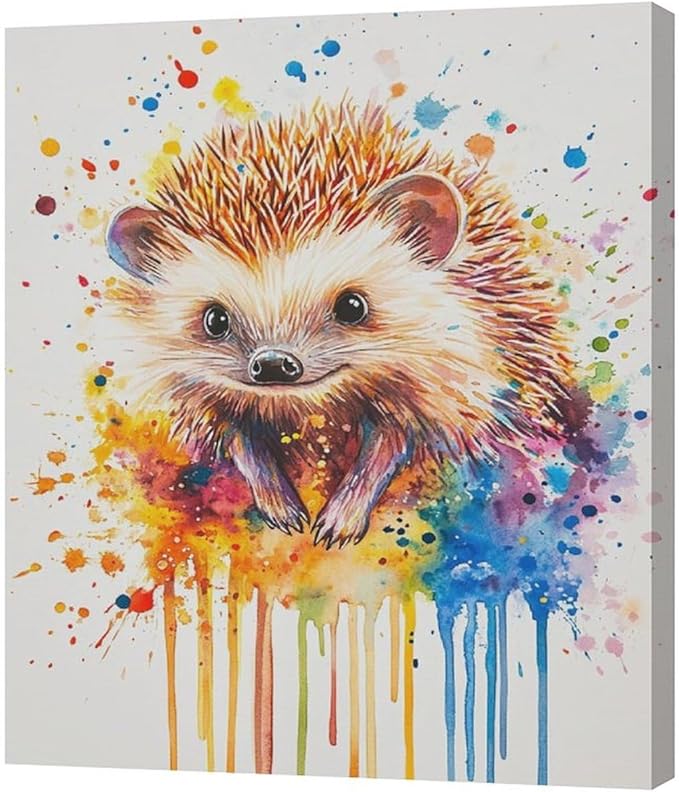 Fleruku Watercolor Hedgehog Wall Art Colorful Hedgehog Wall Decor Cute Animal Pictures Canvas Painting Artwork Home Decorations for Living Room Bedroom Bathroom Office Nursery Classroom 20"x24"