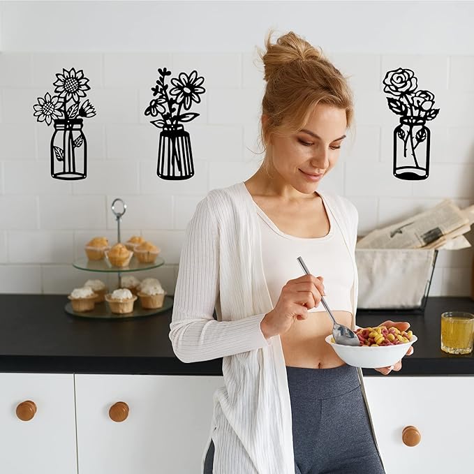 3 Pieces Sunflower Roses Daisy Black Metal Flowers Wall Decor Metal Vase Wall Art Metal Wall Sculptures Hanging for Indoor Kitchen Bathroom Bedroom Living Room,14.56x7.87 inches