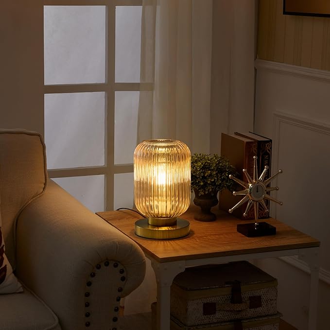 Glass Table Lamps Mid Century Modern Globe, Dimmable Amber Glass Table Lamp for Nightstand, Small Gold Table Lamp, Amber Pumpkin Design Ribbed Vintage Bedside Lamp for Bedroom Living Room Office