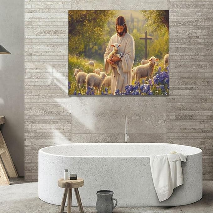 Fleruku Jesus Lamb Wall Art Christ Christian Wall Decor Jesus Religious Sign Pictures Canvas Painting Artwork Home Decorations for Living Room Bedroom Bathroom Office 24"x20"