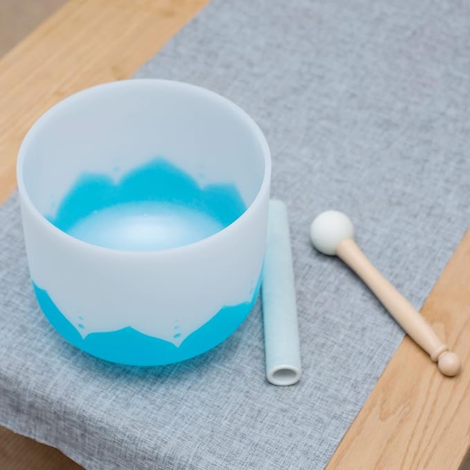 Leize Crystal Singing Bowl 432hz G Note Throat Chakra Blue Lotus Design 8" Wide with Suede Striker