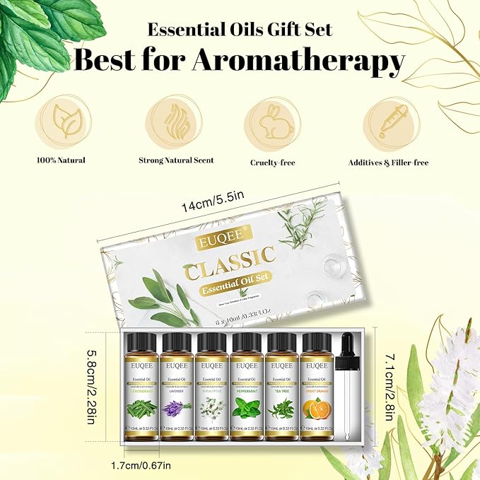 Classic Essential Oil Set of 6 Pure Essential Oil Gift Set for Diffusers, Soap Candle Making - Lavender, Eucalyptus, Peppermint, Tea Tree, Sweet Orange, Lemongrass Aromatherapy Oils -10ml