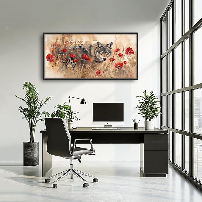 SweetFox Extra Large Watercolor Wolf Framed Wall Art for Living Room, Wild Flowers Wolf Pictures Oversized Wall Decor Abstract Canvas Painting Print Artwork for Bathroom Master Bedroom 60L X 30W