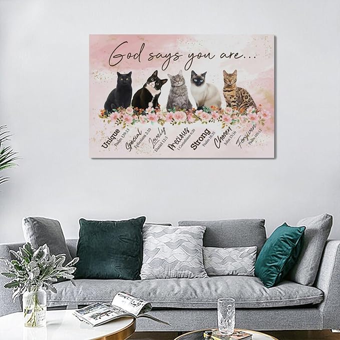 God says you are decor wall art cat canvas Pictures Christian Wall Decor flower Canvas for Girl’s Room Prints Painting Framed Artwork for Bathroom living room Bedroom 24"x16"