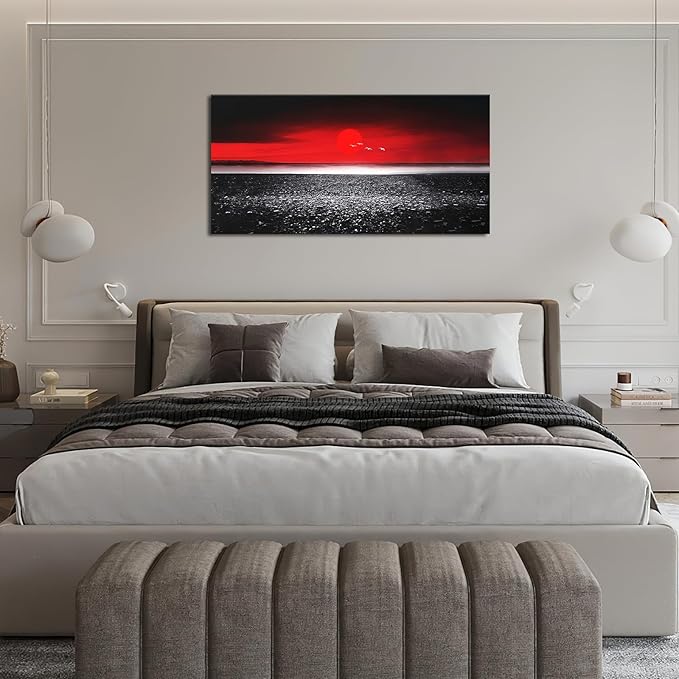 Moon Wall Art Large Red Black And White Canvas Prints Beach Coastal Ocean Picture Wall Decor Japanese Modern Framed Artwork Home Decorations for Living Room Dining Room Office 60"x30"