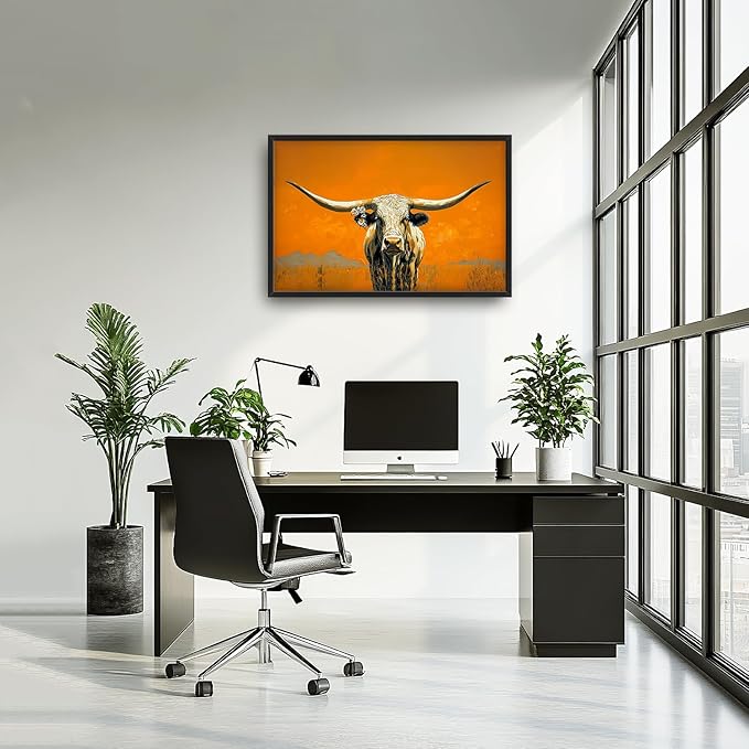 SweetFox Extra Large Western Longhorn Steer Framed Wall Art for Living Room, Farmhouse Cow Pictures Oversized Wall Decor Abstract Canvas Painting Print Artworks for Bathroom Master Bedroom 36L X 24W