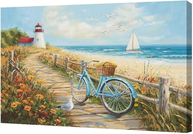 Olivine Coastal Wall Art, Beach Bicycle Pictures Wall Decor, Lighthouse Painting, Ocean Seascape Canvas Prints, Framed Artwork for Living Room Bedroom Bathroom Kitchen Office Home Decoration 24"x16"