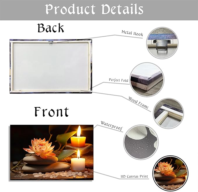 KPLUNDO Zen Canvas Wall Art - Bathroom Wall Decor Lotus Candle with Black Stones Picture Meditation Relax Artwork for Spa Yoga Spiritual Room Decor Frame(16.00x24.00 inch)